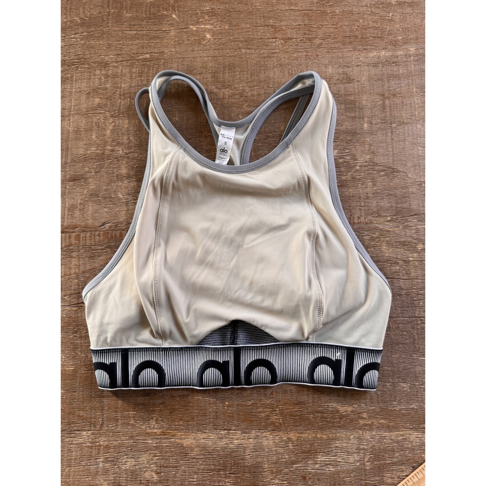 Alo Yoga Logo Band Sports Bra Small Gray High Neck Cutout Streetwear Gymcore